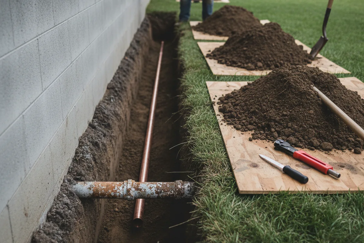 Excavated water line trench during Water Softener Installation in Delaplane